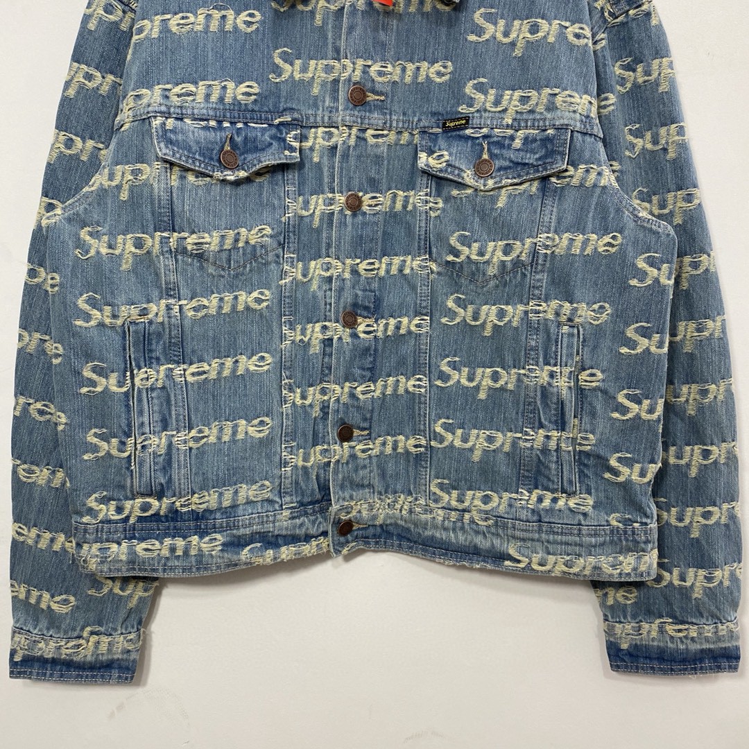 Supreme Week 10 Frayed Logos Denim Trucker Jacket 破坏徽标满印 Logo 蓝色 牛仔外套 