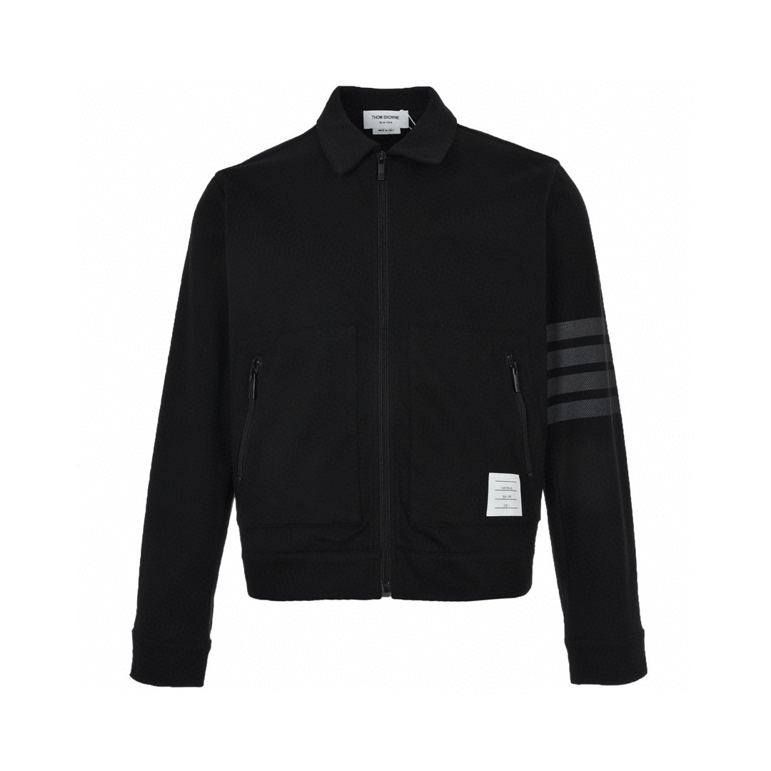 Thom Browne FW21 拉链前贴袋条纹运动夹克 黑色 外套 长袖 秋冬款 男女同款 