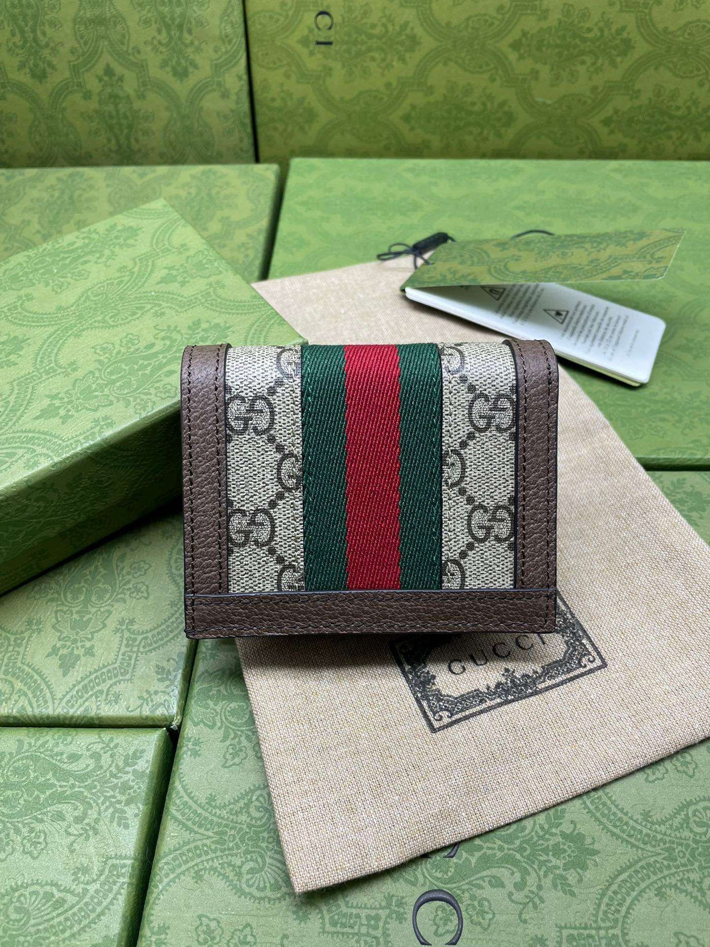  GUCCI 古驰 Ophidia  双G  春季老花 条纹 卡包 名片夹 女款  乌木色 棕色 523155-FAA7K-9793