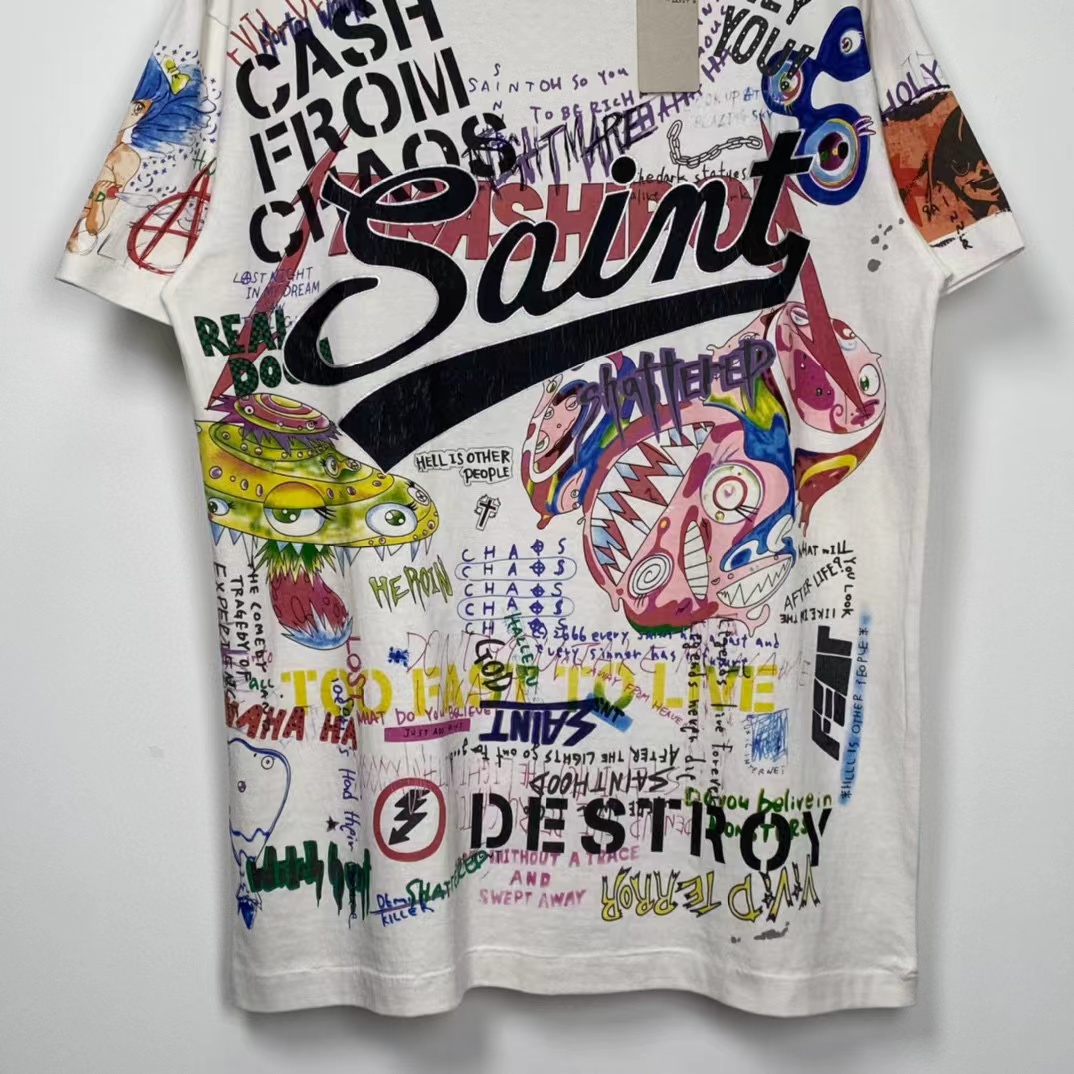 Saint Michael x Takashi Murakami 村上隆 裂纹 重工艺洗水 复古做旧 卡通涂鸦印花 圆领 短袖 白绿色 T恤
