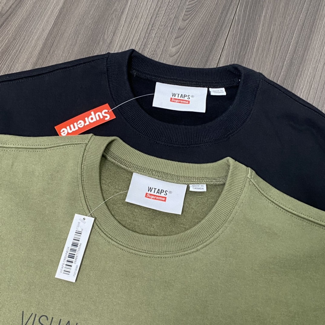 Supreme Week 15 WTAPS 联名款 Crewneck 字母徽标 Logo 印花 卡其绿 黑色 圆领套头卫衣 加绒 宽松 男女同款 SUP-FW21-339