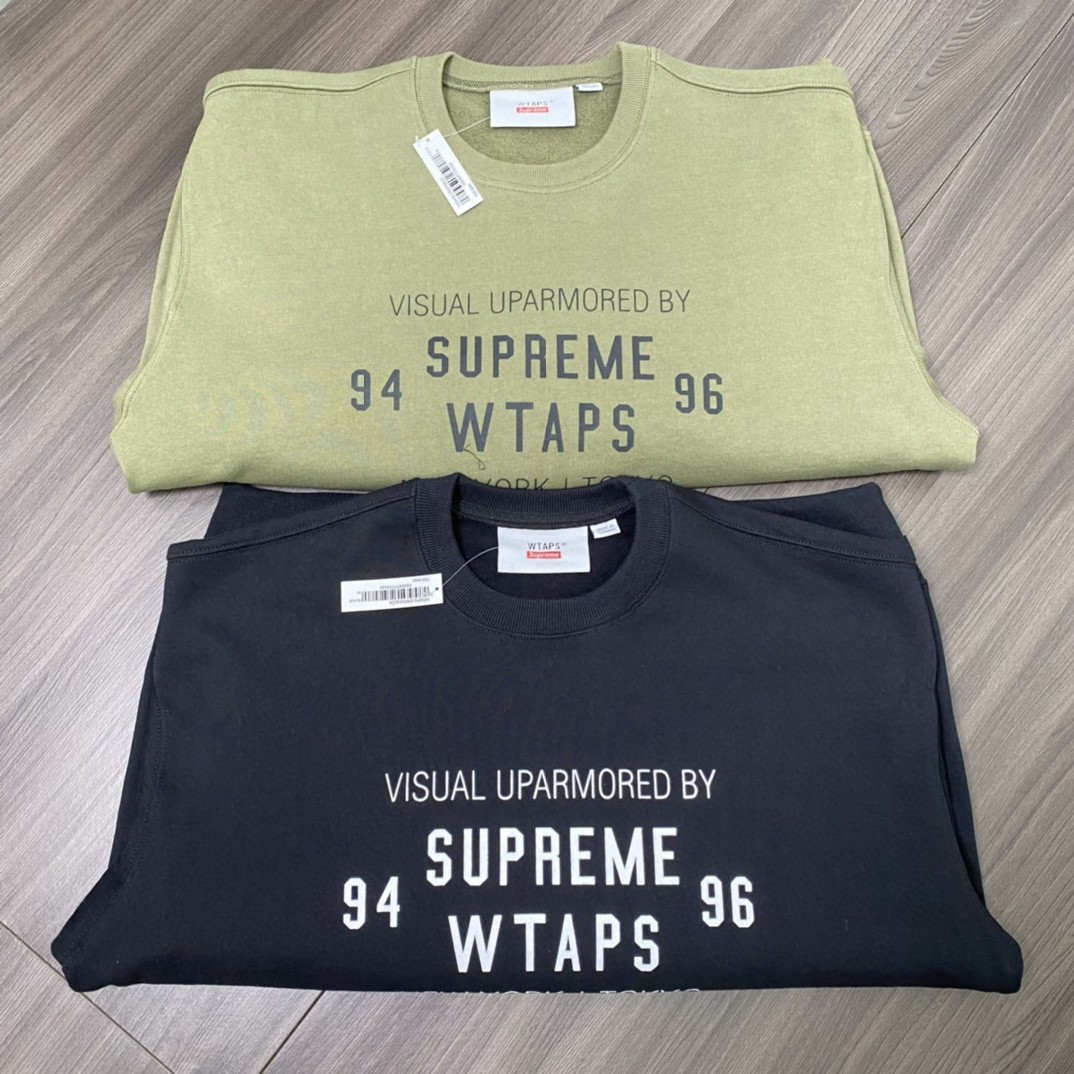 Supreme Week 15 WTAPS 联名款 Crewneck 字母徽标 Logo 印花 卡其绿 黑色 圆领套头卫衣 加绒 宽松 男女同款 SUP-FW21-339