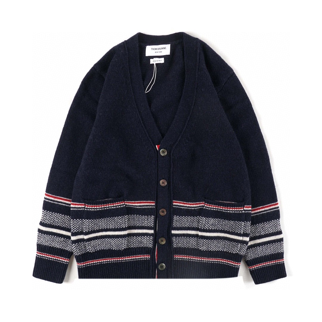 Thom Browne 条纹提花羊毛衫 深蓝色 针织衫 开衫 毛衣 外套 长袖 男女同款 MKC307A-Y1502-415