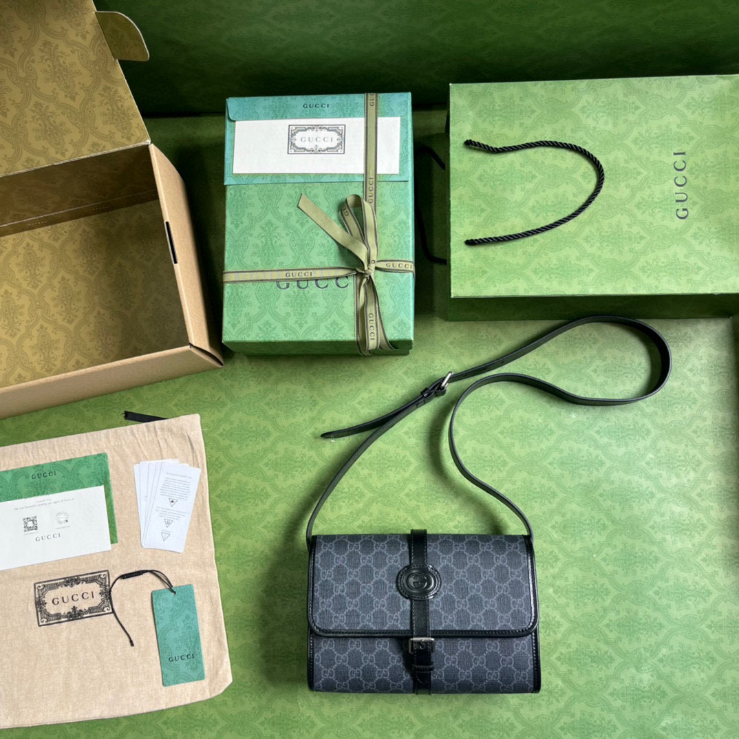 原厂皮 GUCCI 古驰 双G互扣 金色 斜挎包 单肩包 手提包 旅行包 马鞍包 黑色 745679