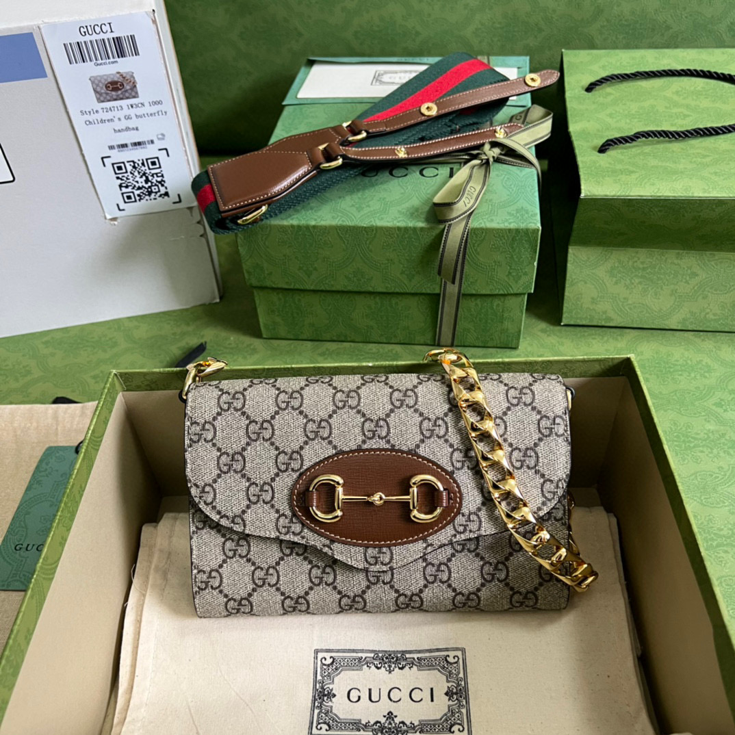原厂皮 GUCCI 古驰 Horsebit 1955系列 斜挎包 单肩包 手提包 旅行包 马鞍包 棕色 724713-HUHHX-8565
