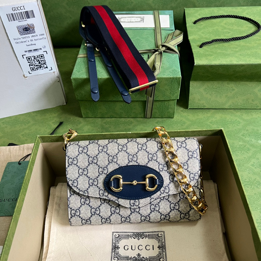 原厂皮 GUCCI 古驰 Horsebit 1955系列 斜挎包 单肩包 手提包 旅行包 马鞍包 蓝色 724713