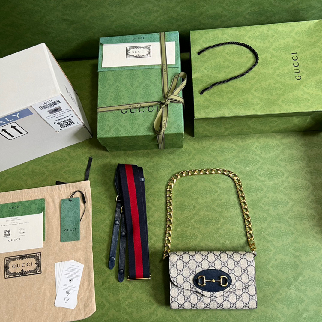 原厂皮 GUCCI 古驰 Horsebit 1955系列 斜挎包 单肩包 手提包 旅行包 马鞍包 蓝色 724713