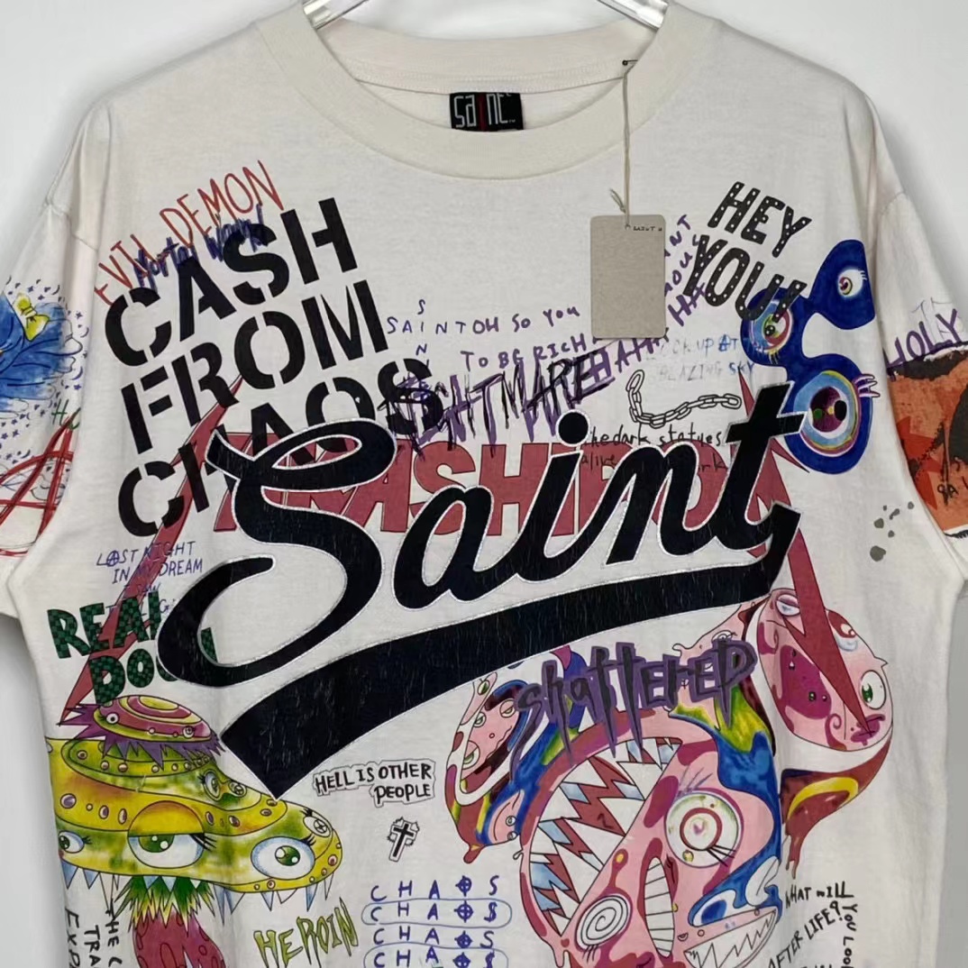 Saint Michael x Takashi Murakami 村上隆 裂纹 重工艺洗水 复古做旧 卡通涂鸦印花 圆领 短袖 白绿色 T恤