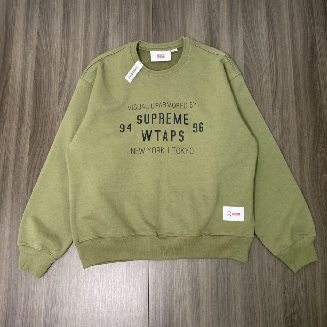 Supreme Week 15 WTAPS 联名款 Crewneck 字母徽标 Logo 印花 卡其绿 黑色 圆领套头卫衣 加绒 宽松 男女同款 SUP-FW21-339