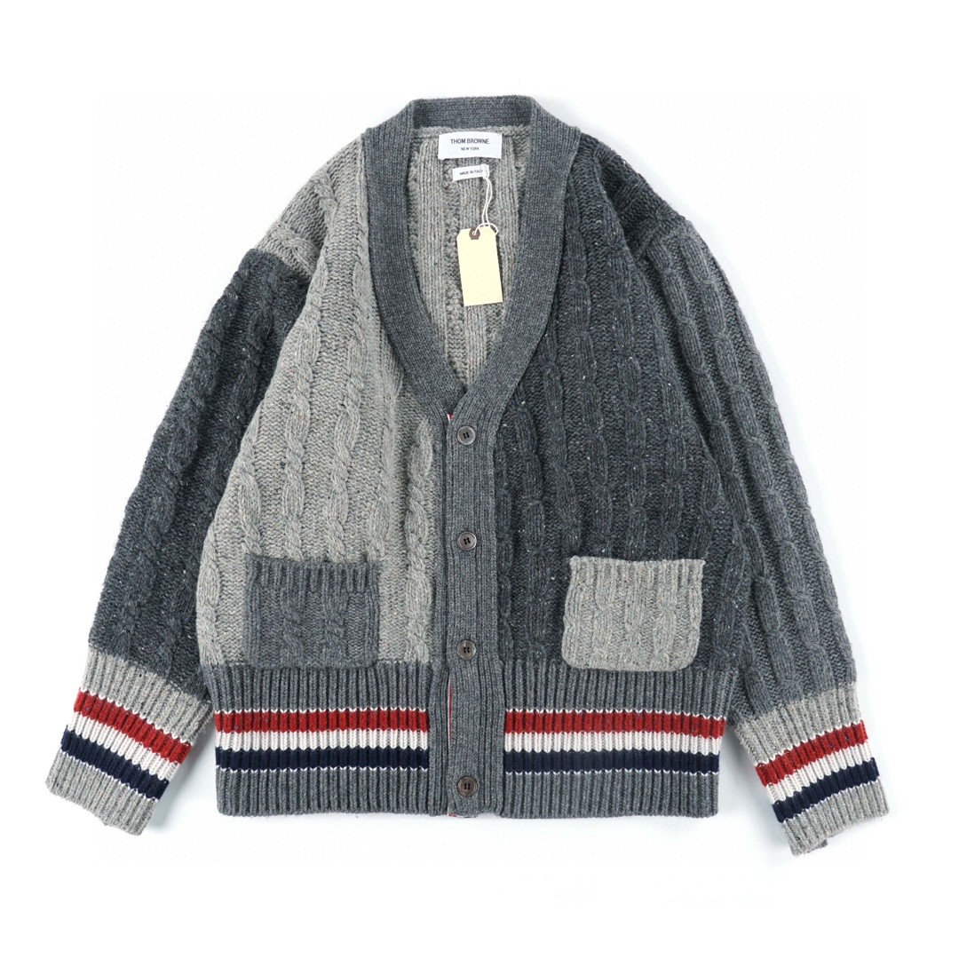 Thom Browne 拼色条纹单排扣羊毛衫 灰色 针织衫 开衫 毛衣 外套 长袖 男女同款 MKC357F-Y1502-982