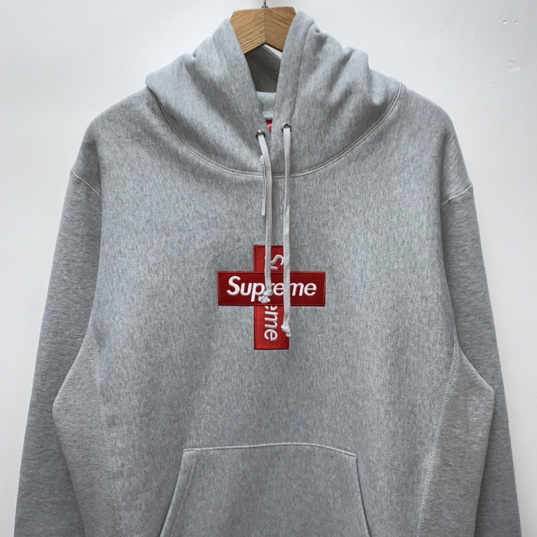Supreme Week 15 Cross Box Logo Hooded Sweatshirt Logo 刺绣徽标 灰色 连帽卫衣 加绒加厚 宽松 男女同款 SUP-FW20-335