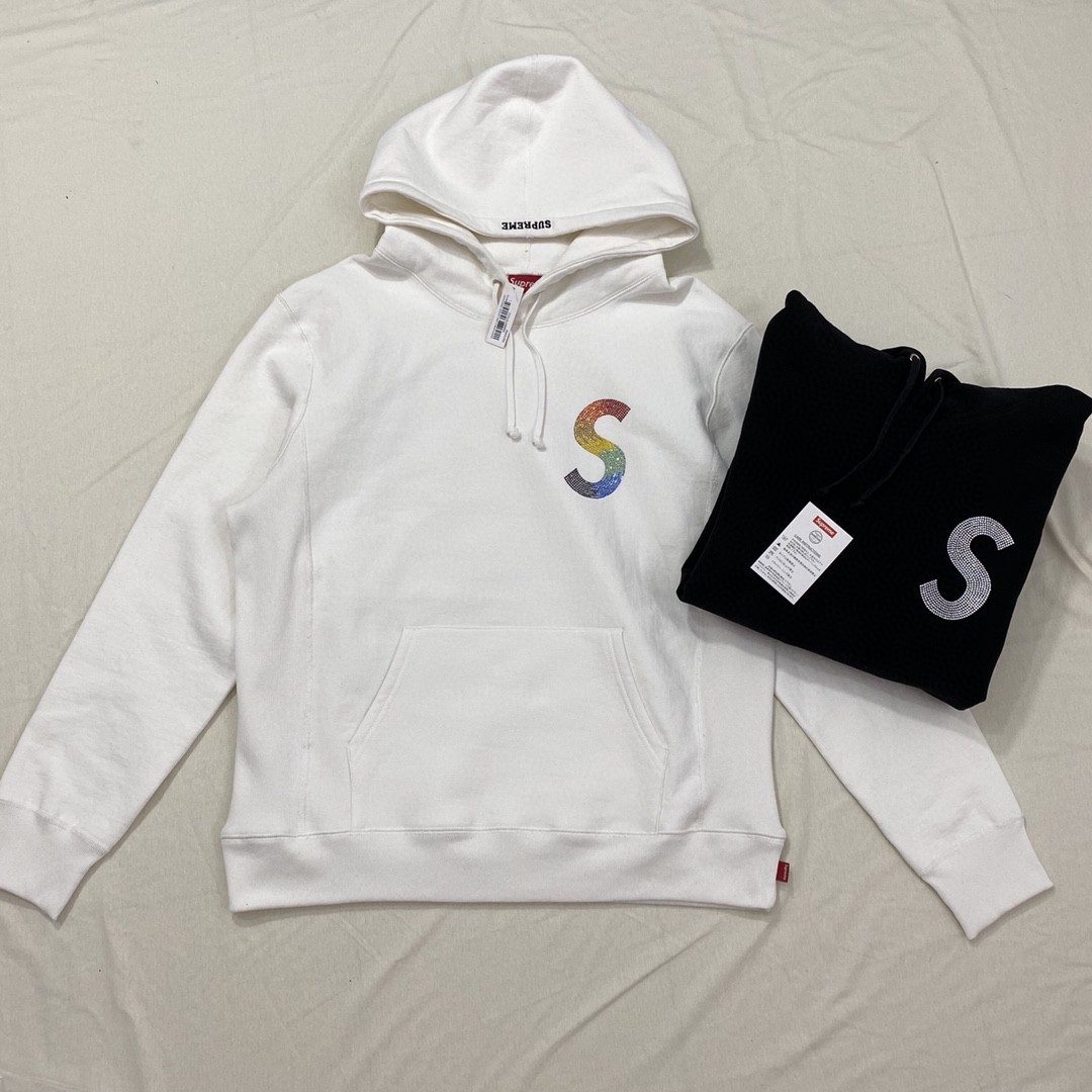 Supreme Week 6 Swarovski 联名款 S Logo Hooded Sweatshirt S 水钻徽标 黑色 白色 连帽卫衣 加绒 宽松 男女同款 SUP-SS21-583