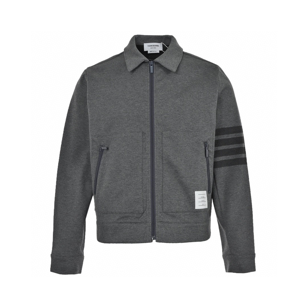 Thom Browne FW21 拉链前贴袋条纹运动夹克 灰色 外套 长袖 秋冬款 男女同款 