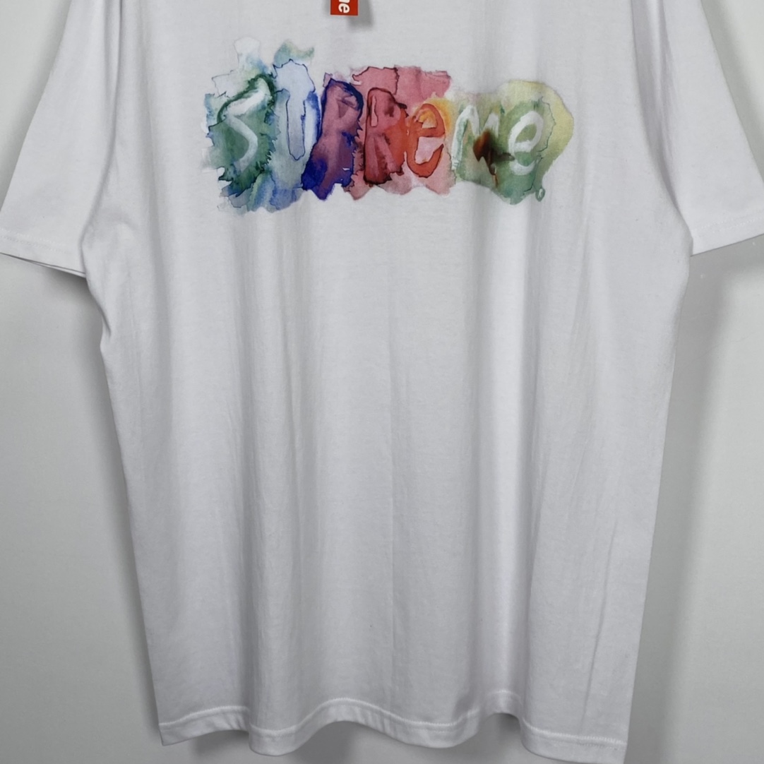 SUPREME 23SS Tee 水彩色 logo 白色 短袖 T 恤 男女同款  