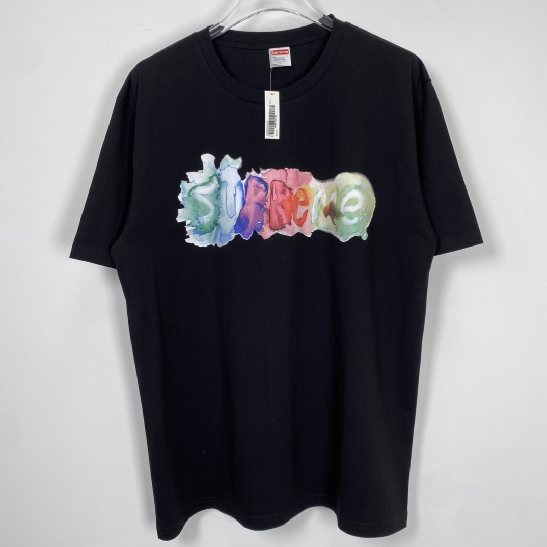 SUPREME 23SS Tee 水彩色 logo 黑色 短袖 T 恤 男女同款  