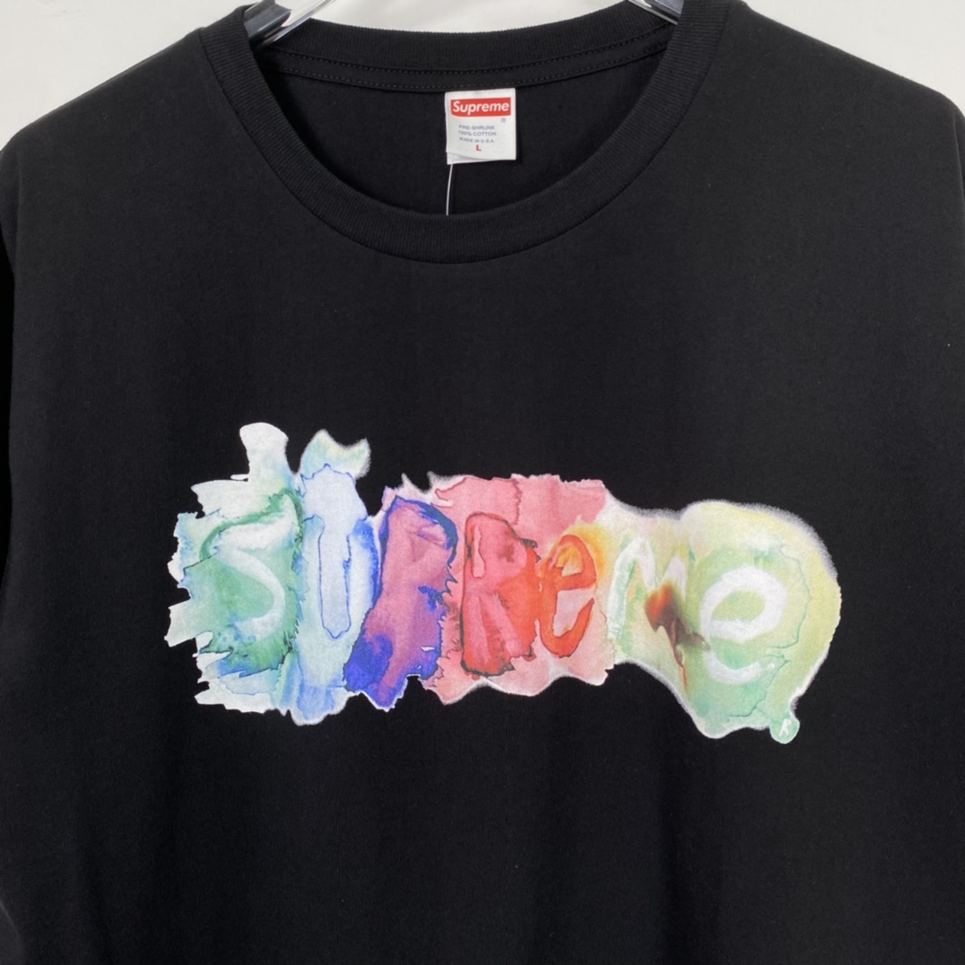 SUPREME 23SS Tee 水彩色 logo 黑色 短袖 T 恤 男女同款  