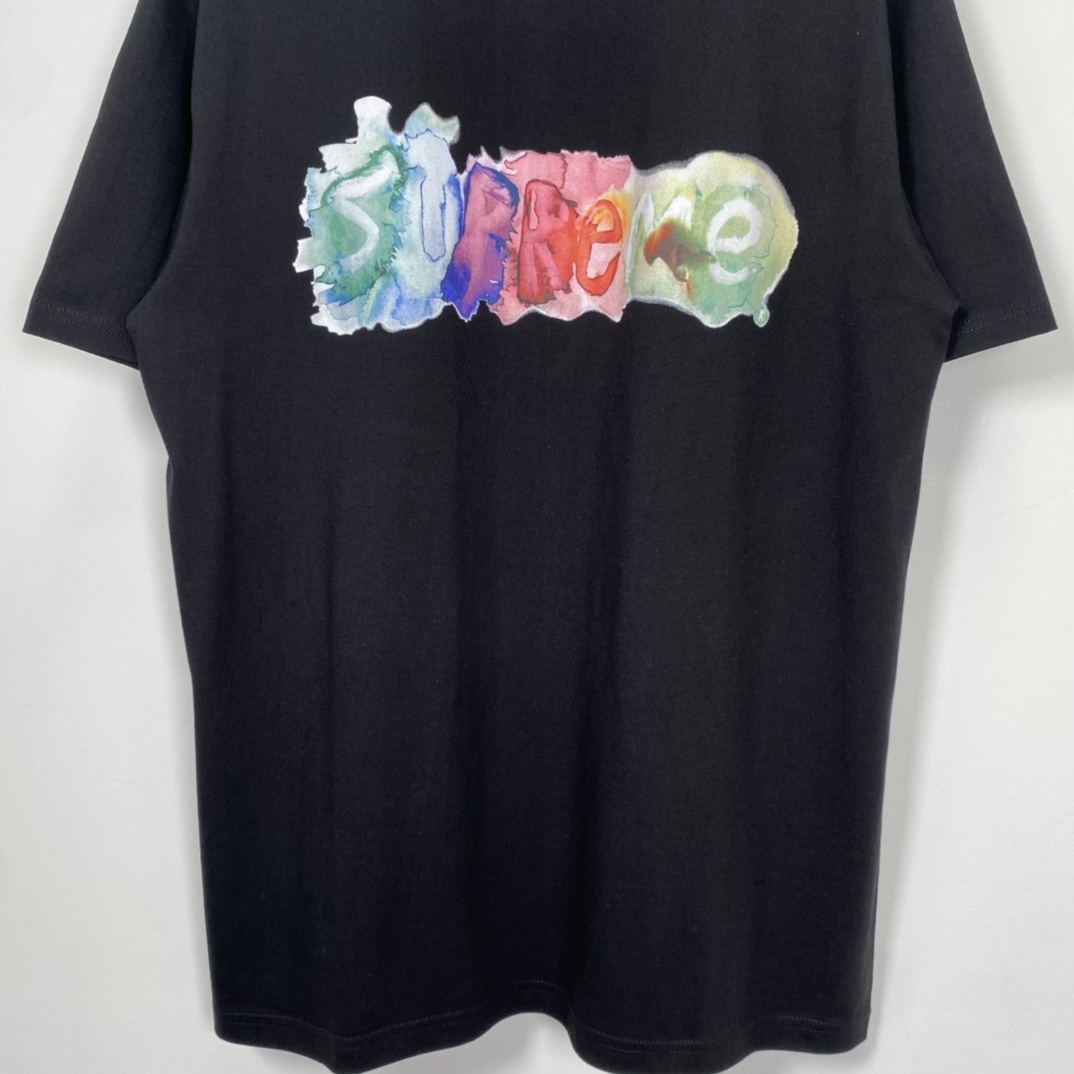 SUPREME 23SS Tee 水彩色 logo 黑色 短袖 T 恤 男女同款  