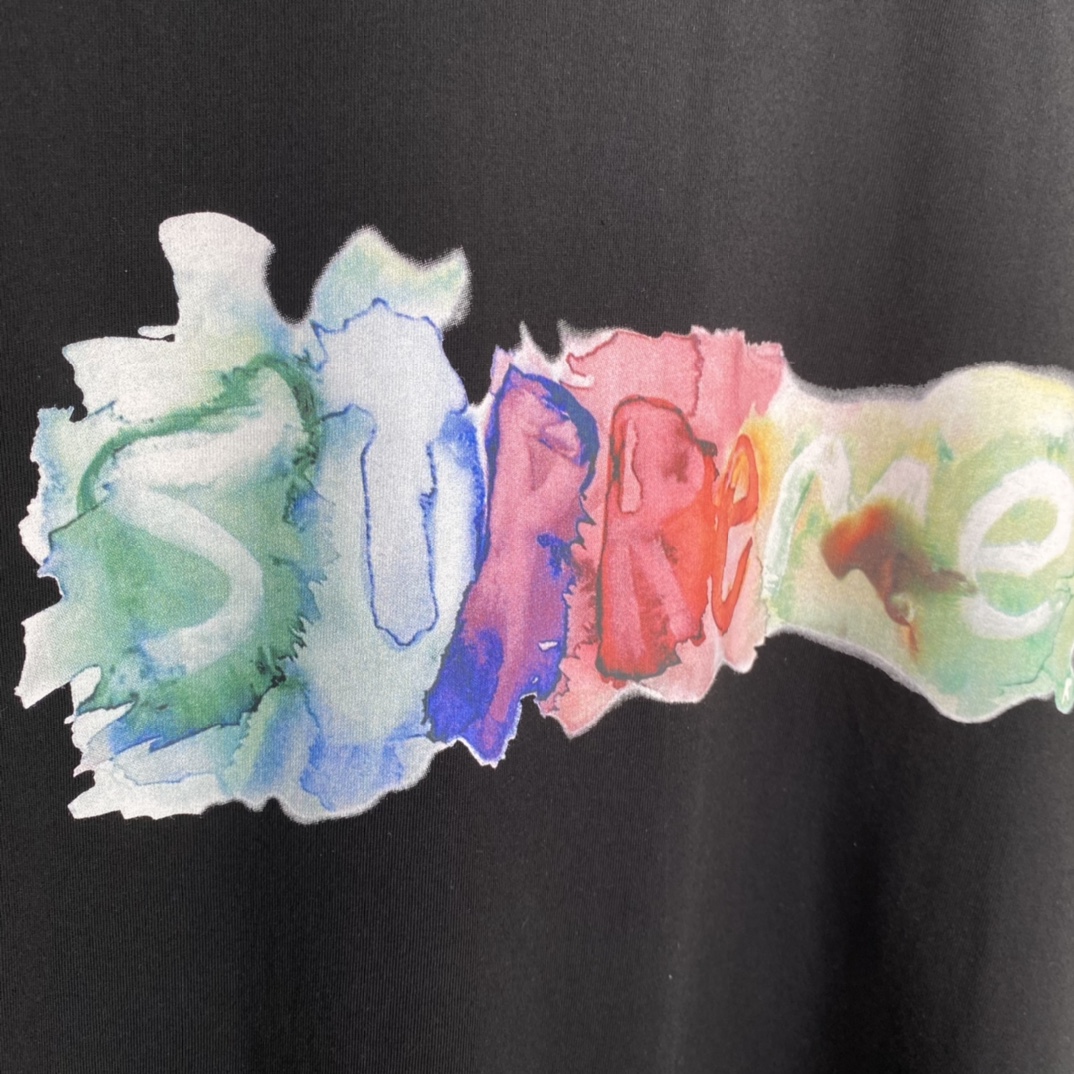 SUPREME 23SS Tee 水彩色 logo 黑色 短袖 T 恤 男女同款  