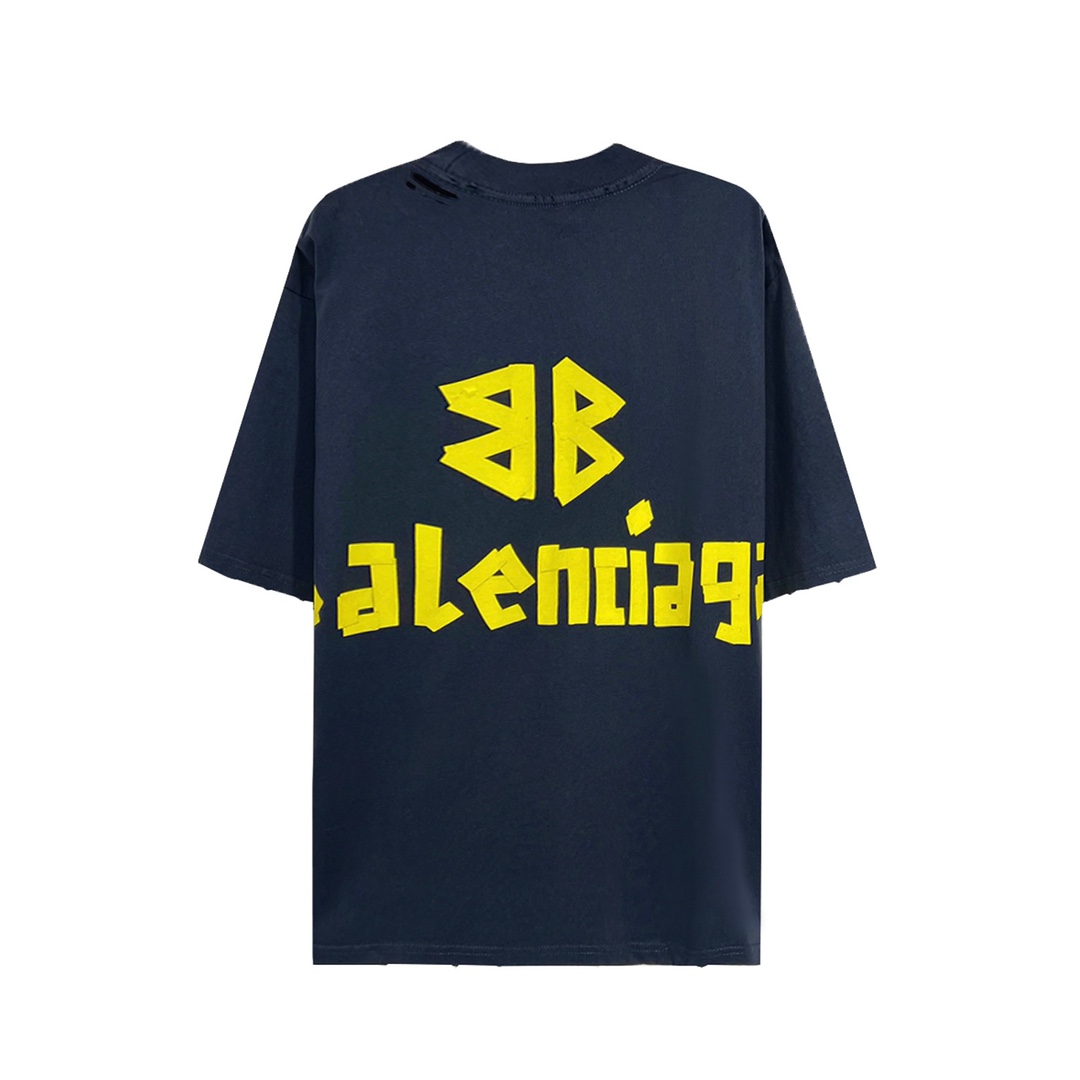  Balenciaga 巴黎世家  美纹贴纸 黄胶带字母印花涂鸦破坏水洗蜡   T 恤 圆领 短袖 夏季 男女同款  