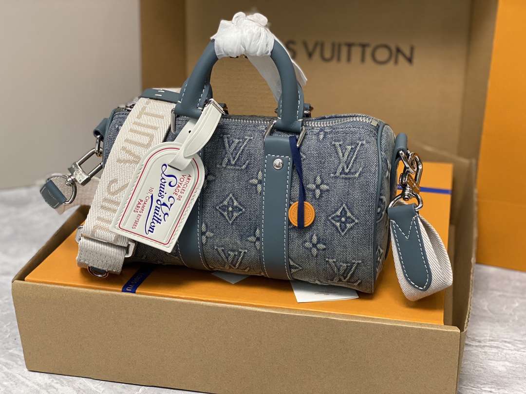  LOUIS VUITTON keepall 25  可调节肩带 斜挎包 单肩包 手提包 牛仔藍 m22762