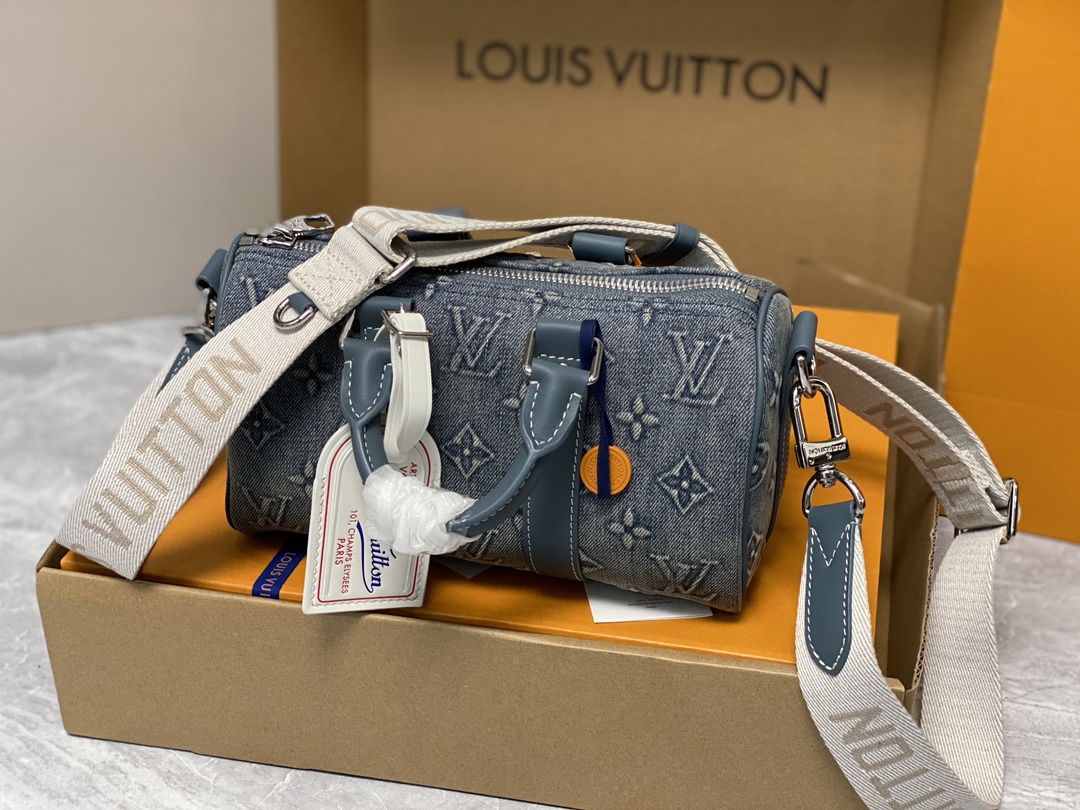 LOUIS VUITTON keepall 25  可调节肩带 斜挎包 单肩包 手提包 牛仔藍 m22762