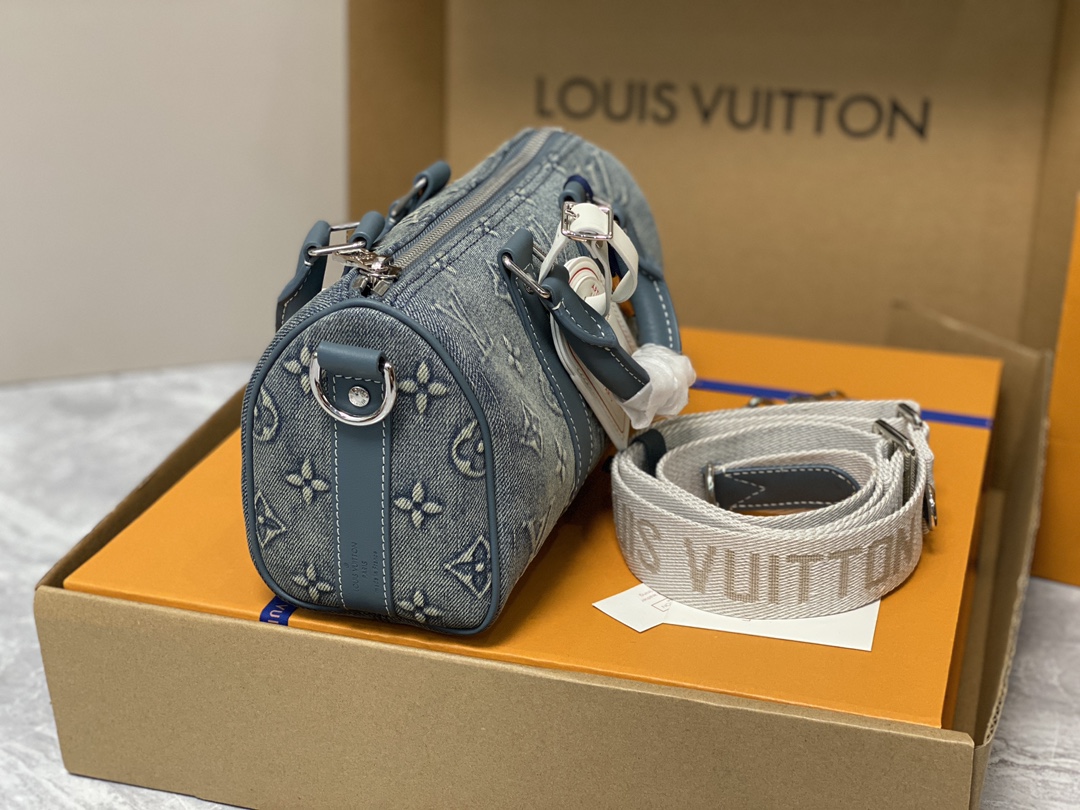  LOUIS VUITTON keepall 25  可调节肩带 斜挎包 单肩包 手提包 牛仔藍 m22762