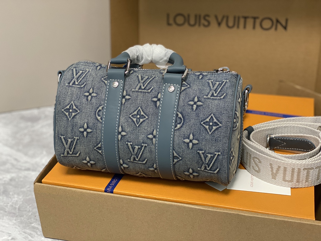  LOUIS VUITTON keepall 25  可调节肩带 斜挎包 单肩包 手提包 牛仔藍 m22762