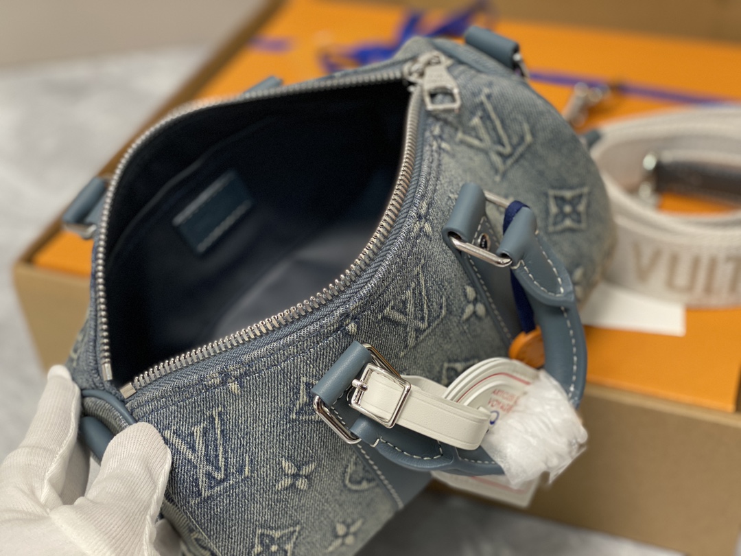  LOUIS VUITTON keepall 25  可调节肩带 斜挎包 单肩包 手提包 牛仔藍 m22762