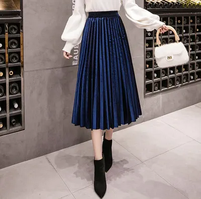 2022 Autumn Winter Velvet Skirt High Waisted Skinny Large Swing Long Pleated Skirts Metallic Plus Size 3XL Midi Saia