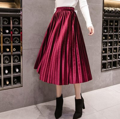 2022 Autumn Winter Velvet Skirt High Waisted Skinny Large Swing Long Pleated Skirts Metallic Plus Size 3XL Midi Saia