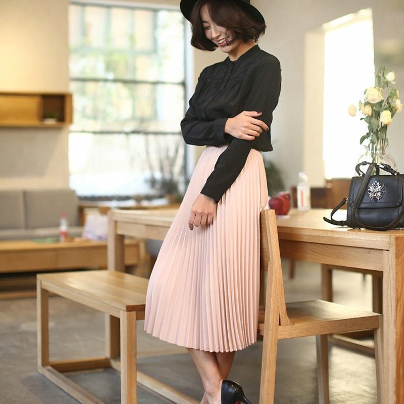 Spring and Autumn New Fashion Women's High Waist Pleated Solid Color Half Length Elastic Skirt Promotions Lady Black Pink