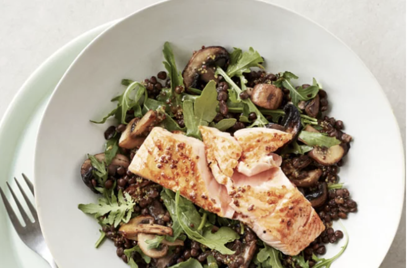 Grilled Salon With Garlic Mushroom and Lentil Salad-Gourmet.ly