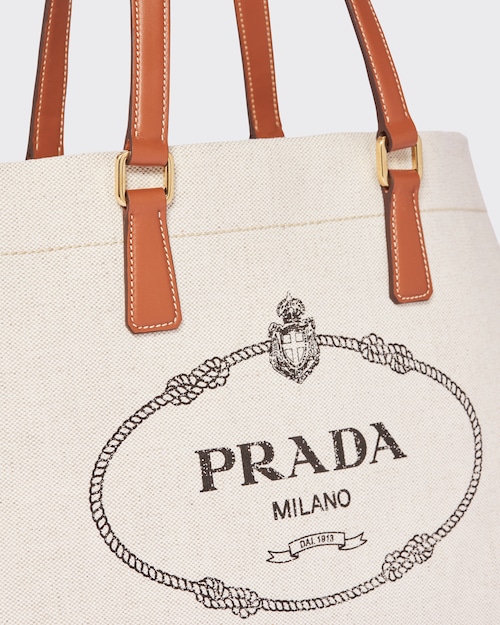 Prada ラージ リネンブレンドxレザー トートバッグ 5