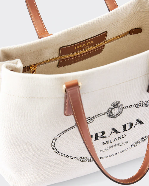 Prada ラージ リネンブレンドxレザー トートバッグ 4