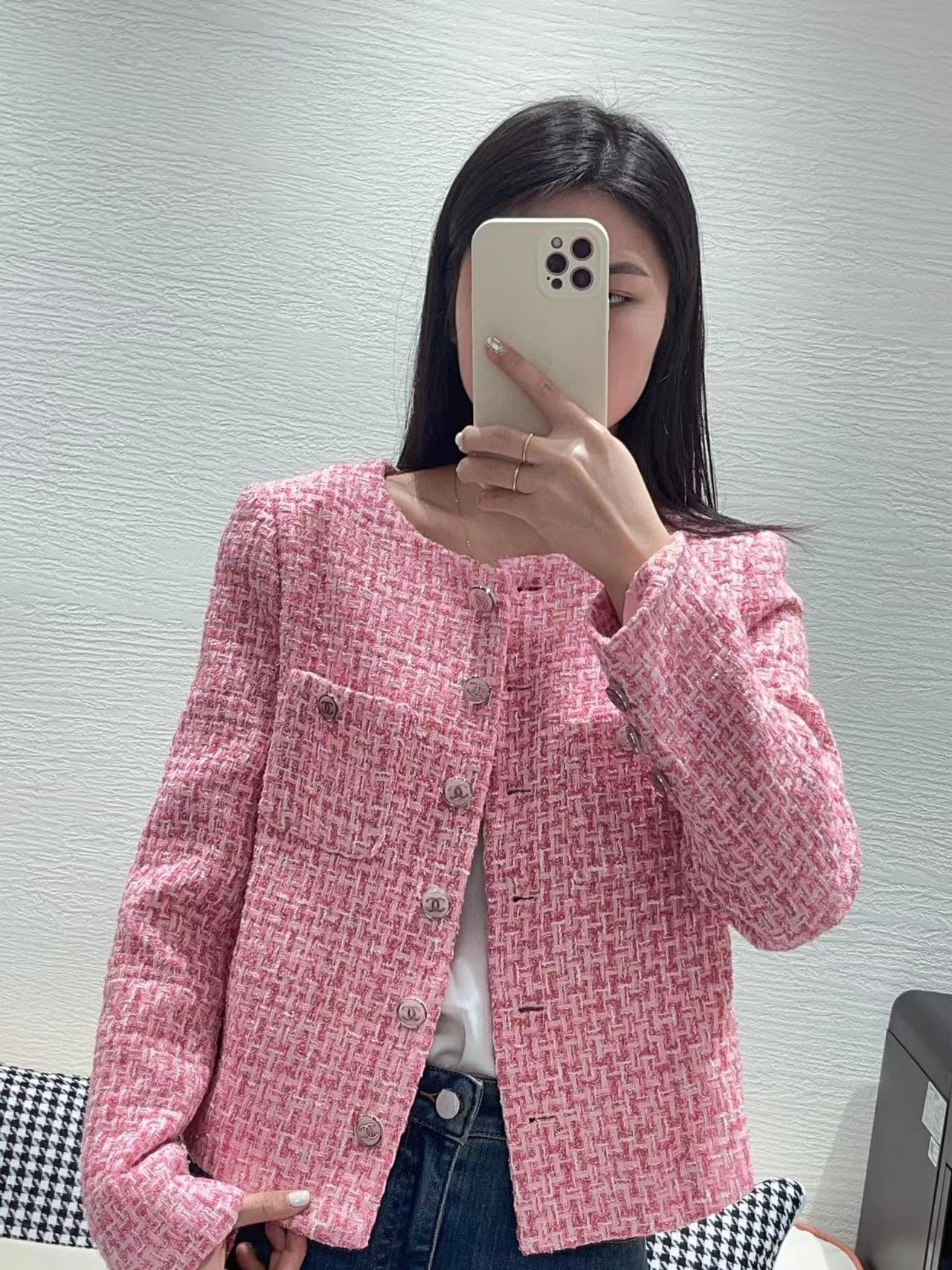 CHANE1 ピンク 編み込みボタン ジャケット【 50％割引+送料無料】