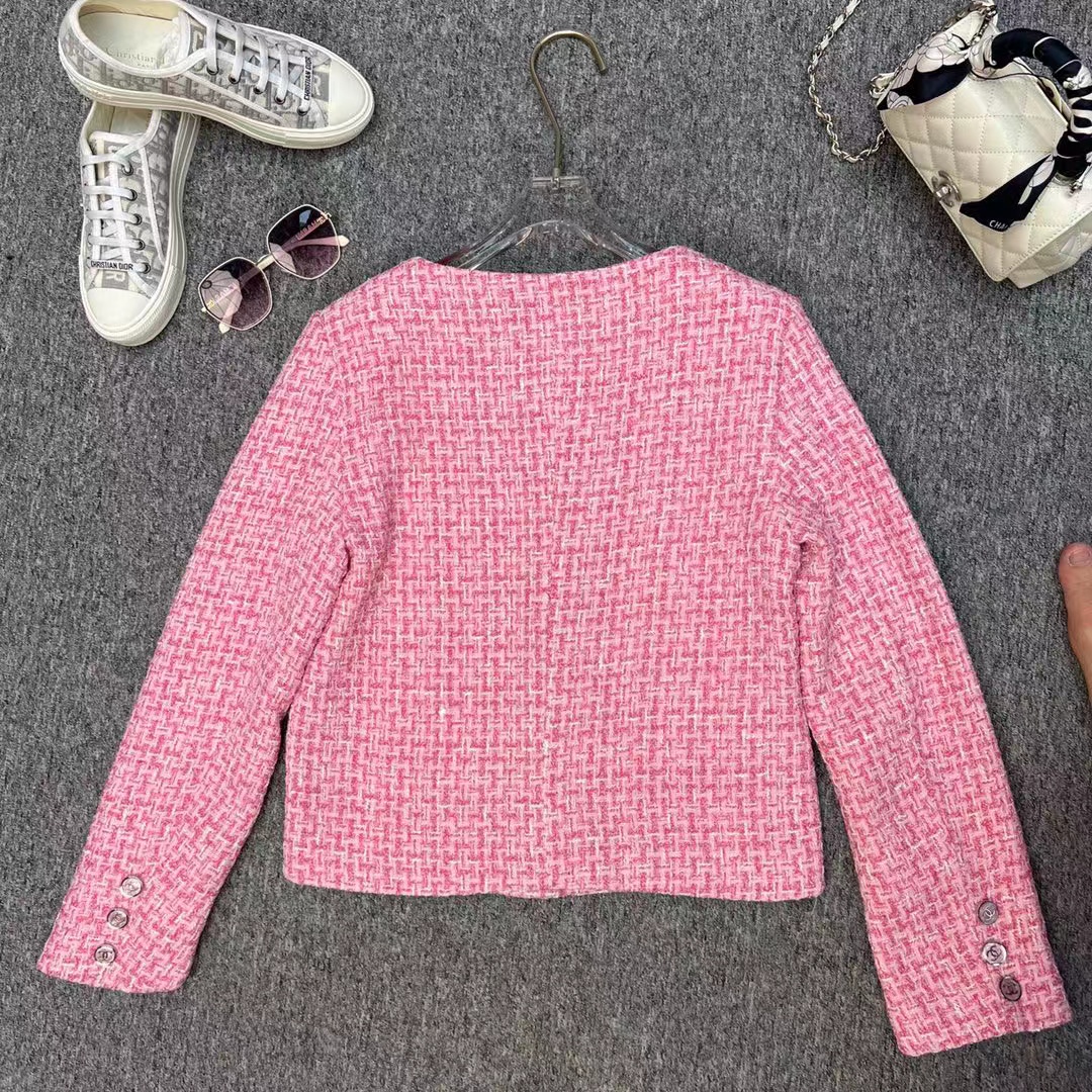 CHANE1 ピンク 編み込みボタン ジャケット【 50％割引+送料無料】