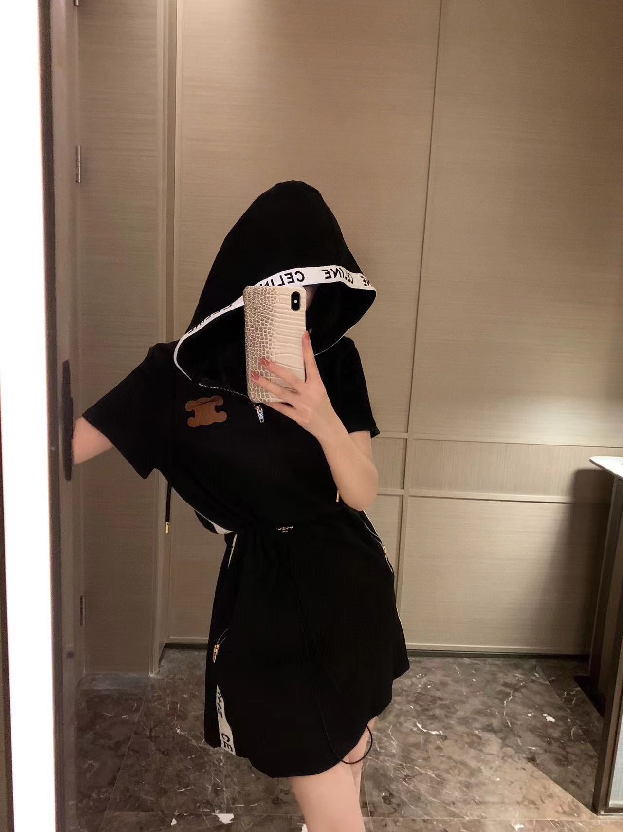 CEL1NEジャカードフード付きドローストリングドレス【50％割引+送料無料】