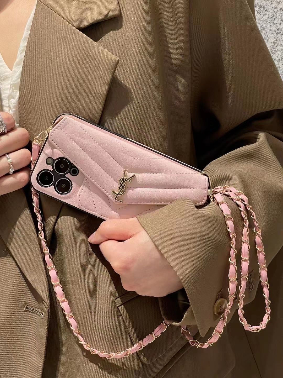 【YSI 】レザーパールチェーン電話ケース📱【50％割引+送料無料】