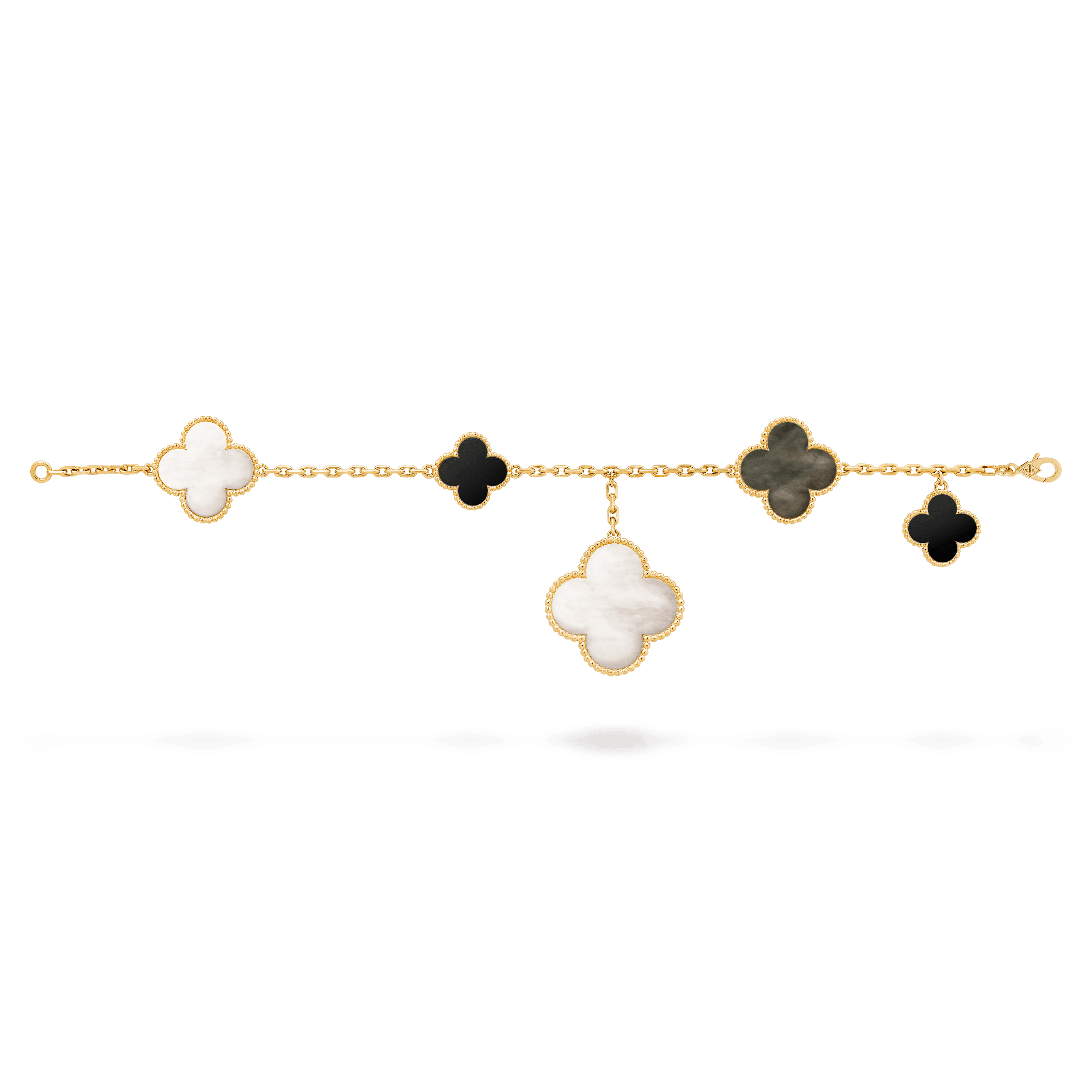 マジック アルハンブラ ブレスレット、5モチーフ イエローゴールド オニキス:  2 石 マザー オブ パール:  3 石 Open Jewelry Bracelet