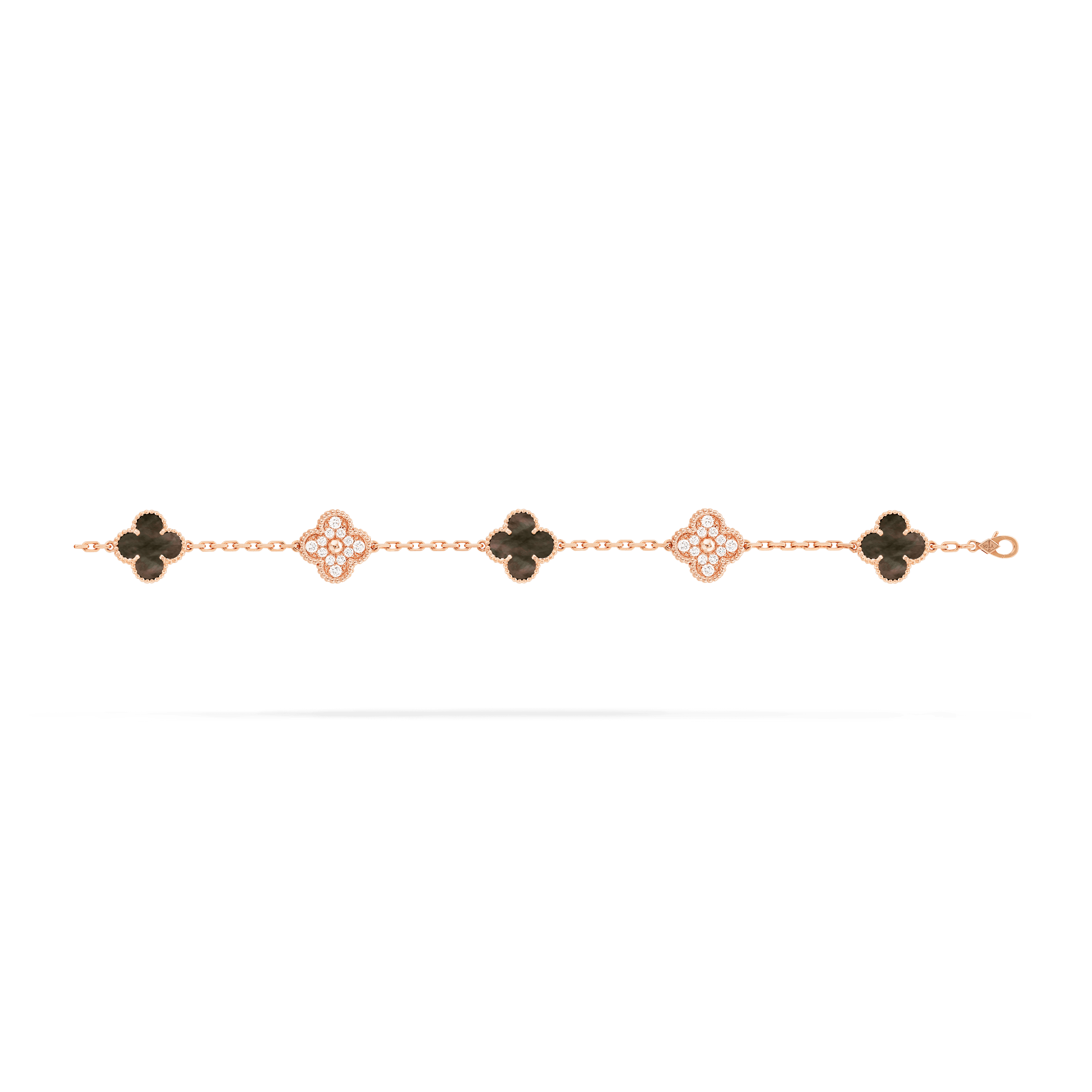 ヴィンテージ アルハンブラ ブレスレット、5モチーフ ローズ ゴールド ダイヤモンド:  24 石  0.97 カラット マザー オブ パール:  3 石 Open Jewelry Bracelet