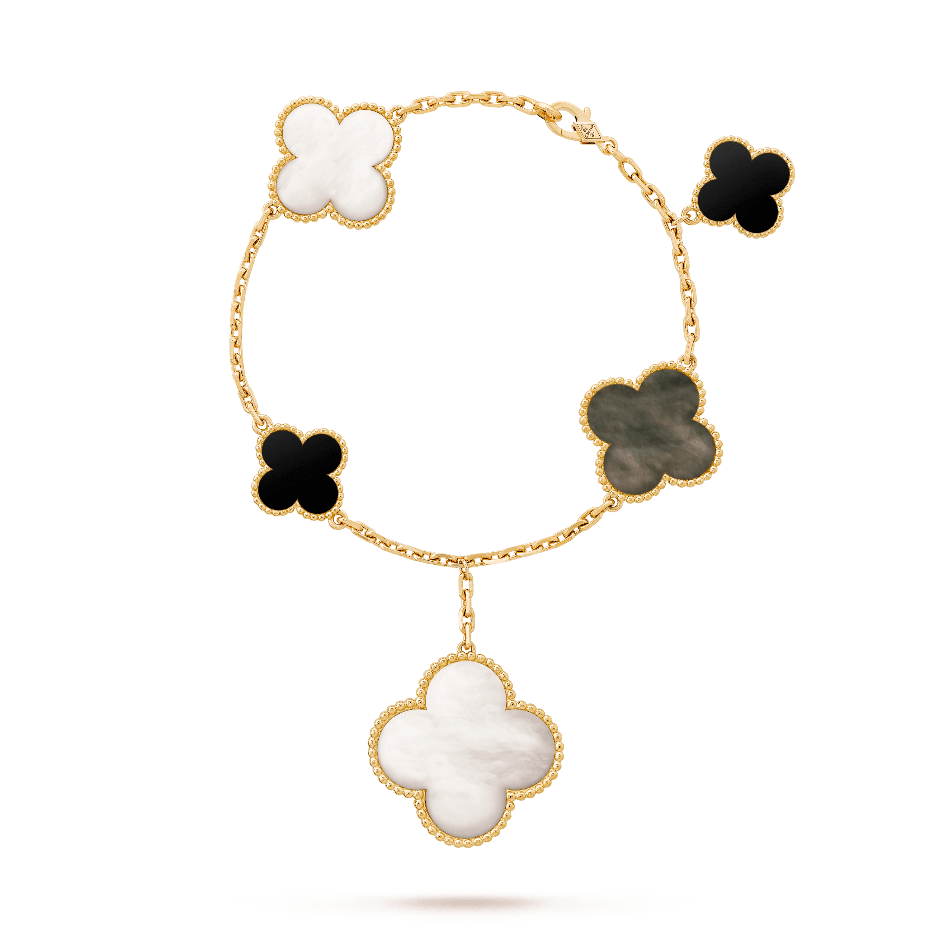 マジック アルハンブラ ブレスレット、5モチーフ イエローゴールド オニキス:  2 石 マザー オブ パール:  3 石 Front Jewelry Bracelet