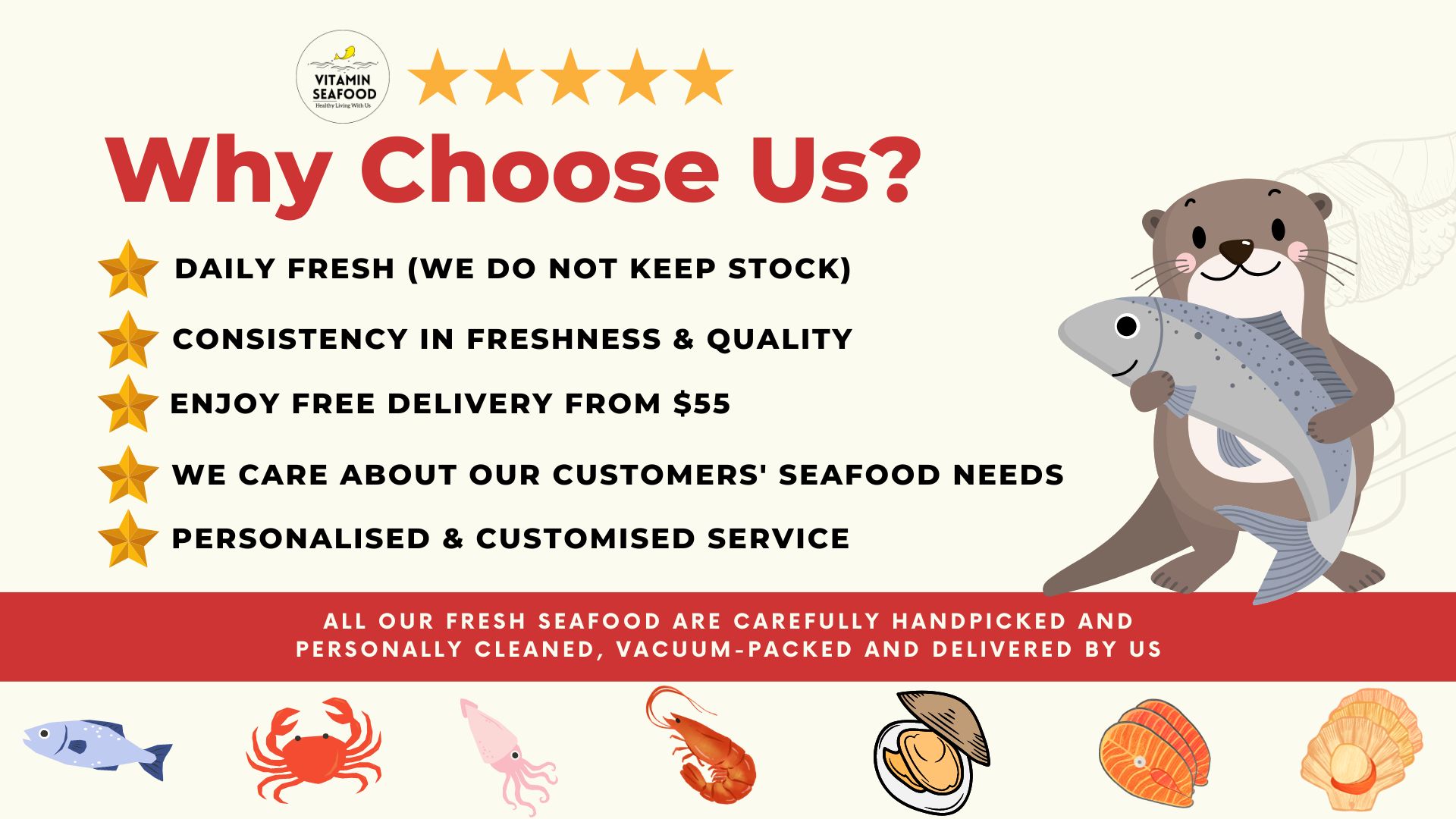 VitaminSeafood Free Delivery For All Orders Above $60. Self collection option is available too at our 2nd generation physical store.