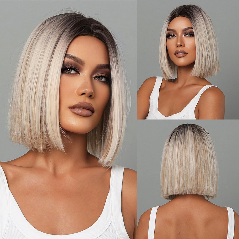 Short Bob Wigs Platinum Blonde Synthetic Straight Wigs Hair for Women Party Cosplay Heat Resistant Wig With Dark Roots