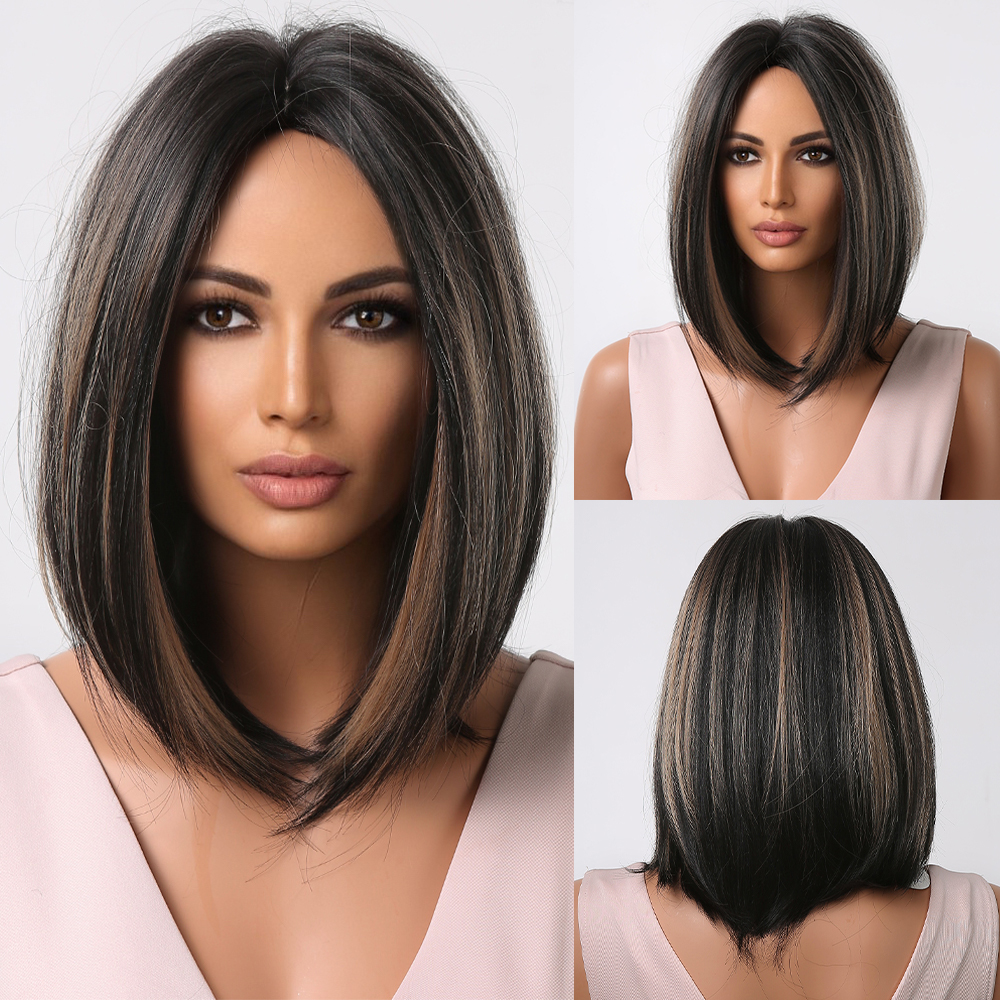 Short Straight Synthetic Wigs for Women  Brown Ombre Bob Wigs with Bangs Daily Cosplay Party Heat Resistant Fake Hair
