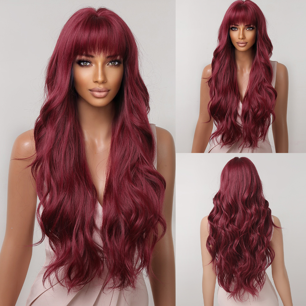 Long Wavy Synthetic Wigs Wine Red Hair Cosplay Wig with Bangs for Women Party Afro Hair Wigs Heat Resistant Daily Use