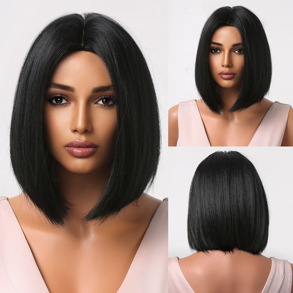 Short Black Bob Synthetic Wigs for Women Middle Part Straight Hair Heat Resistant Wigs African Female Natural Daily Party Use