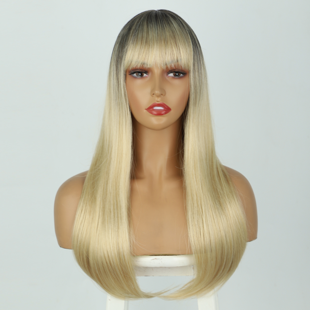 Synthetic Hair Wig With Bangs Cosplay Wigs For Women Long Blonde Yellow Burgundy Wavy Female