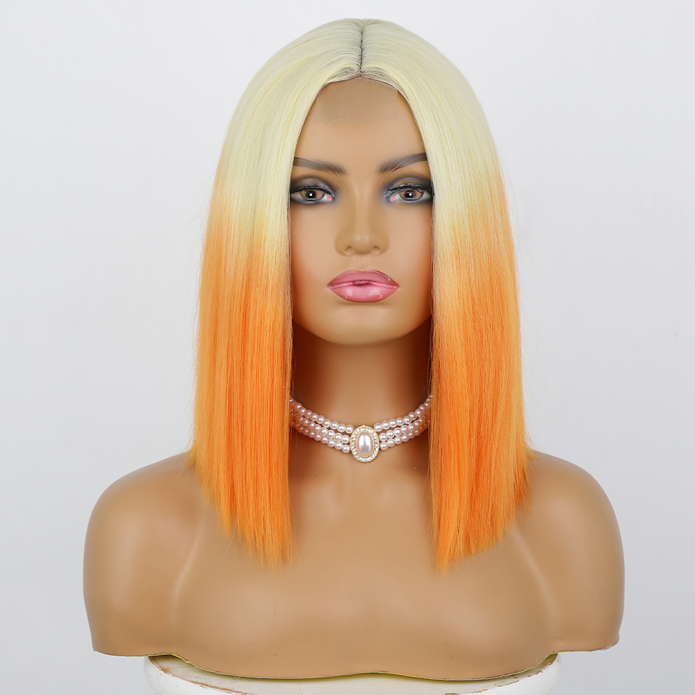 Orange Bob Wig 14inch Synthetic Wigs for Women Middle Part Straight Short Hair Cosplay Lolita Ombre Blonde Orange Wig Female