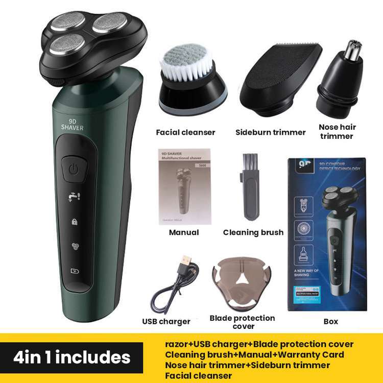 4 in 1 Mens Electric Shaver Washable Razor Multifunctional Beard Trimmer Rotary Shaver Cordless Sideburn Trimmer Nose Trimmer Facial Cleasing Brush Wet Dry Shaver Waterproof USB Rechargeable