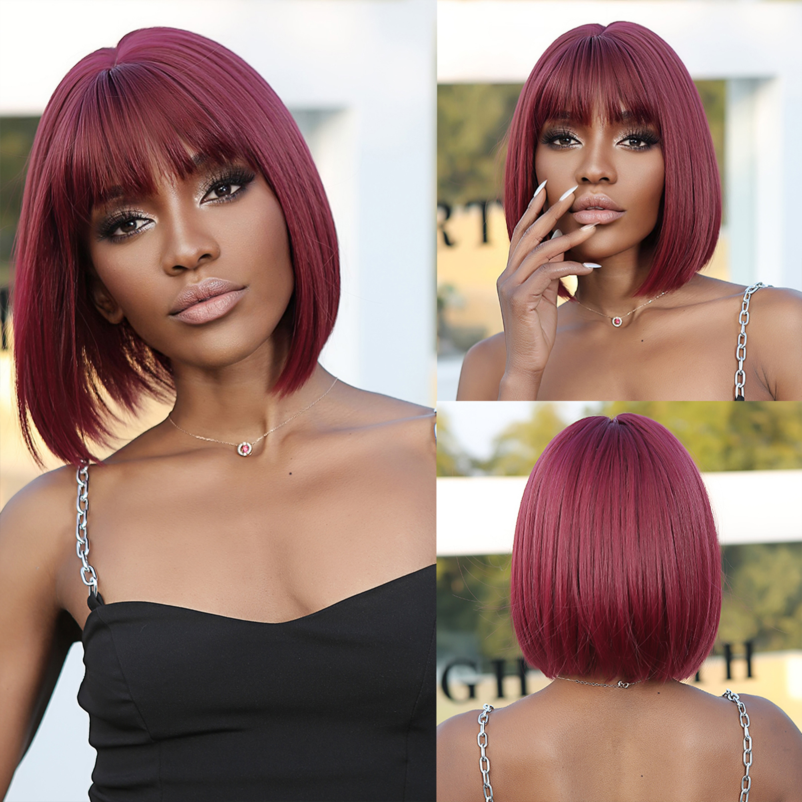 Short Bob Wigs Wine Red Straight Wigs Hair for Women Party Cosplay Heat Resistant Wig With Dark Roots